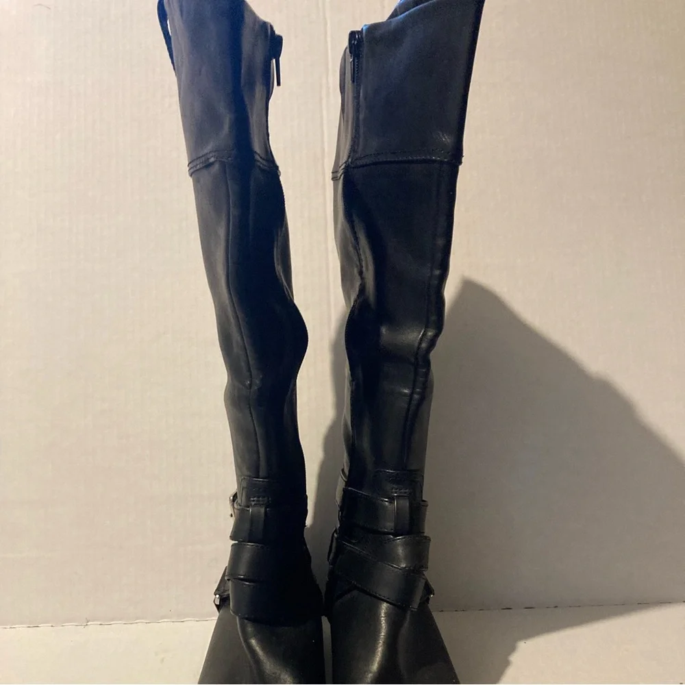 Black Leather Knee-High Double Buckle Boots Size 6